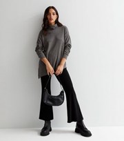 New Look Dark Grey Brushed Knit Roll Neck Asymmetric Top